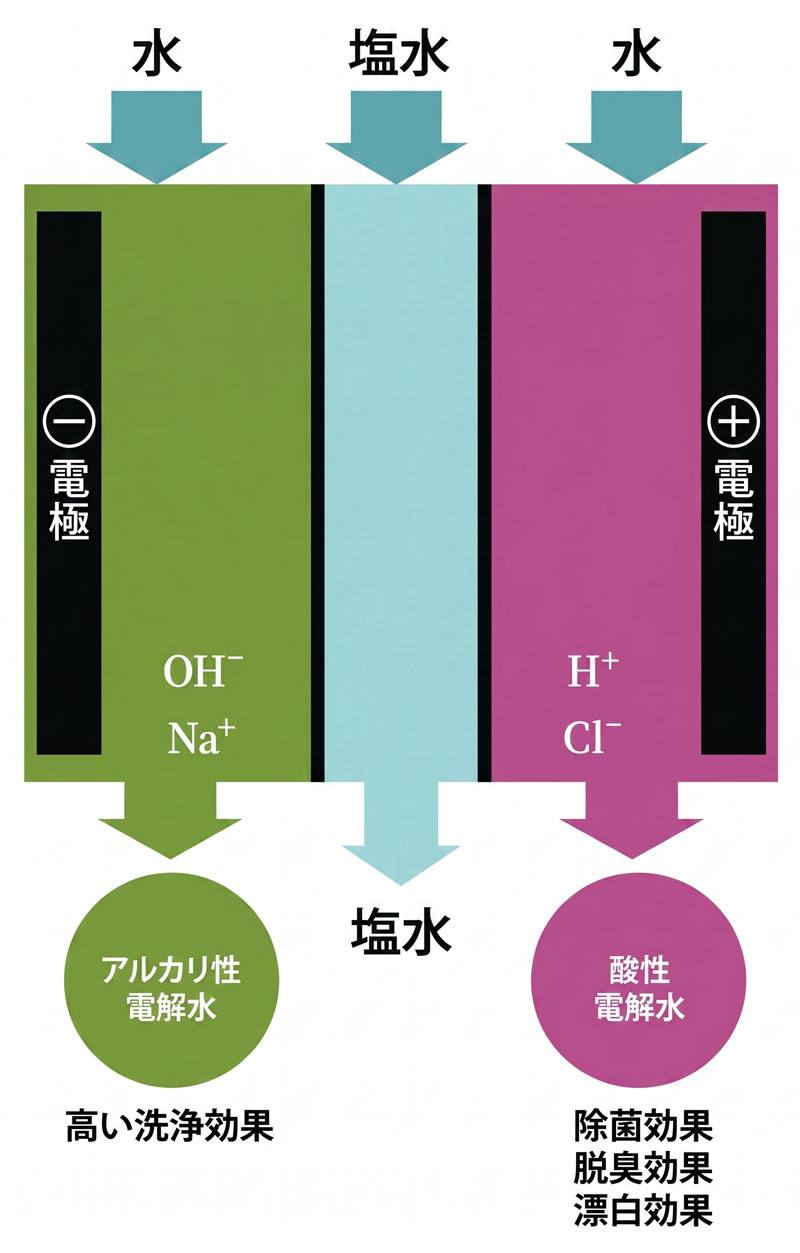 塩水を電気分解してアルカリ性電解水（高い洗浄効果）と酸性電解水（除菌・脱臭・漂白効果）を生成する仕組みの図